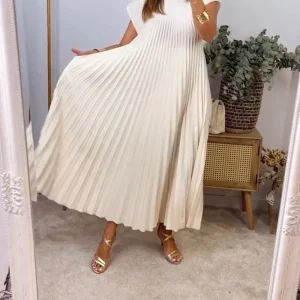 Robe Midi Plissée à Manches Courtes pour Femme