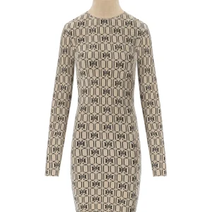 ELISABETTA FRANCHI CHAMPAGNE MONOGRAM KNITTED DRESS
