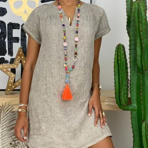 Robe en Lin à Manches Courtes et Col en V pour Femme