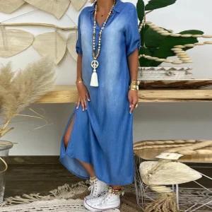 Robe Longue en Denim avec Fente Latérale pour Femme