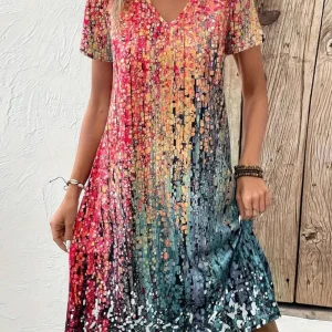 Robe Mi-longue à Col en V et Motif Abstrait Coloré