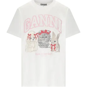 GANNI ANIMALS WHITE BASIC T-SHIRT