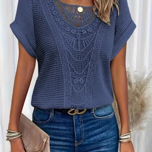 Top à Col Rond en Tricot Gaufré Bordé de Dentelle pour Femmes