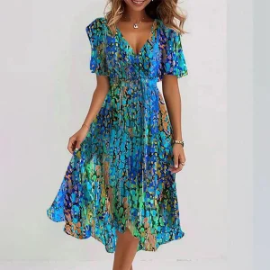 Lou | Robe midi bleue à manches courtes