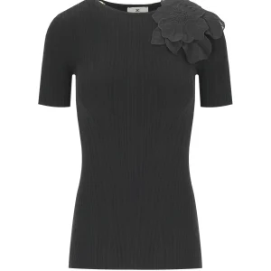 ELISABETTA FRANCHI BLACK T-SHIRT WITH FLOWER