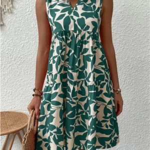 Robe Midi Femme sans Manches à Motif Feuilles