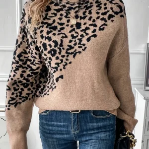 Pull-over à Col Roulé et Imprimé Léopard pour Femmes
