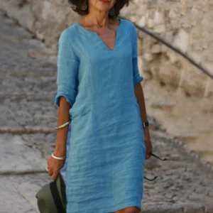 Robe Décontractée en Lin à Manches Trois-Quarts pour Femme