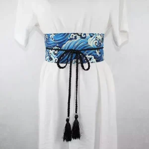 Ceinture Obi à cordon tressé Bleu Vagues japonaises