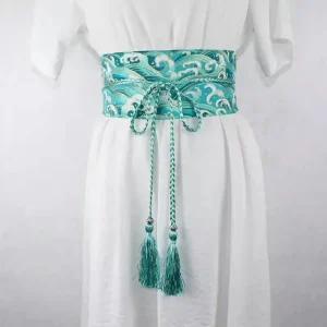 Ceinture Obi à cordon tressé Bleu claire Vagues japonaises