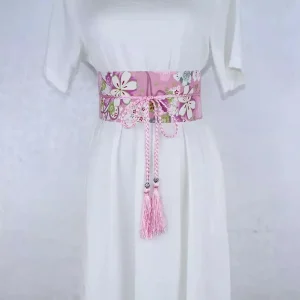 Ceinture Obi à cordon tressé Rose Fleurs de cerisier