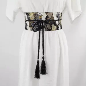 Ceinture Obi à cordon tressé Noire Chrysanthèmes et Grues