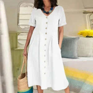 Robe Midi Boutonnée en Lin Léger pour Femme