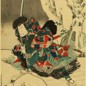 Estampe japonaise Nakamura Utaemon IV en guerrier debout dans la neige