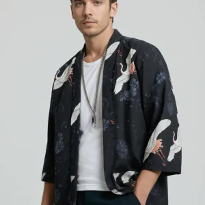 Haori homme noir motif grue et fleurs de cerisier