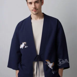 Haori bleu foncé grue & nuage