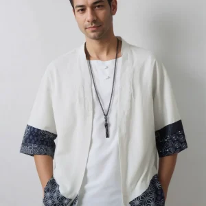Haori homme beige Asanoha & Sashiko