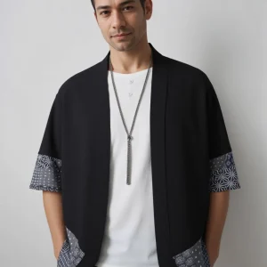 Haori homme noir Asanoha & Sashiko