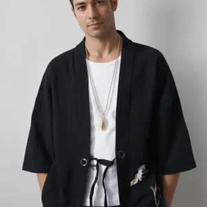 Haori noir grue japonaise