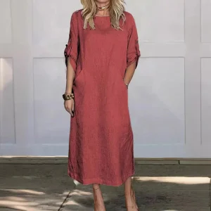 Robe Élégante En Lin Avec Manches 3/4 Pour Femme