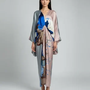 Kimono femme long gris rosé