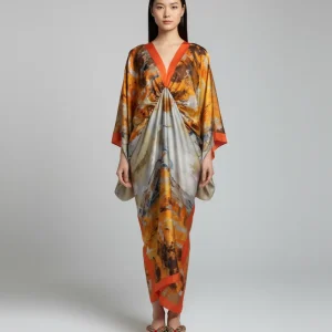 Kimono femme long orange & gris