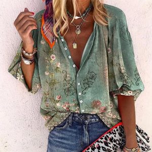 Chemise Boutonnée à Manches 3/4 à Motif Floral pour Femme