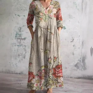 Robe Longue en Lin Imprimée à Col V pour Femme
