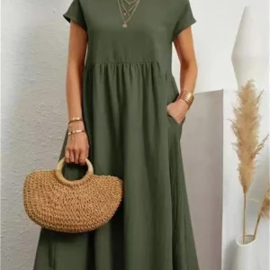 Robe Midi à Manches Courtes et Col Rond avec Poches pour Femme