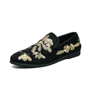 Mocassins en velours noir avec broderie florale dorée
