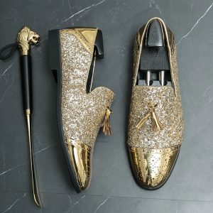Mocassins de luxe pour soirée dorés vernis et pailletés