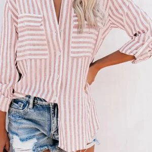 Chemise en Lin Rayée à Boutons pour Femme