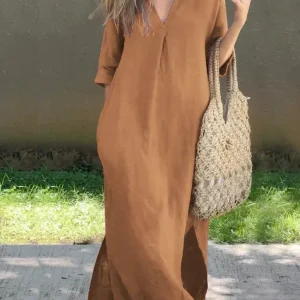 Robe en Lin à Col V et Manches Trois-Quarts pour Femme