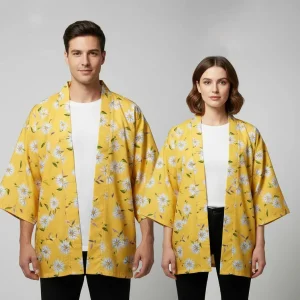 Veste kimono jaune fleuri