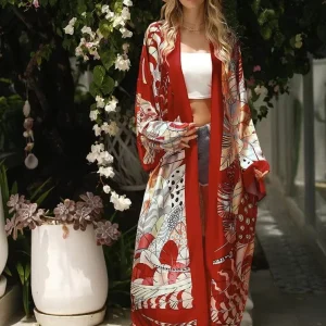 Veste Kimono Longue Femme - Rouge et Fleuri