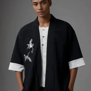 Veste kimono noir grue japonaise