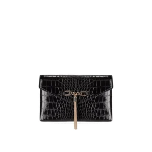ELISABETTA FRANCHI BLACK CLUTCH WITH CROCO-PRINT AND TASSEL