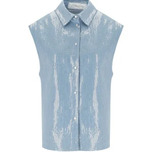 FEDERICA TOSI DENIM ACQUA SEQUINS SLEEVELESS SHIRT