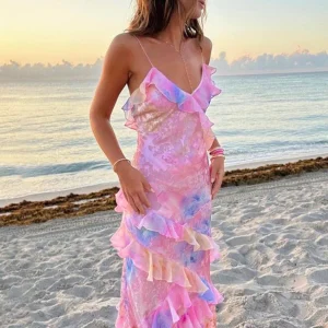 Robe Longue à Volants Imprimé Floral pour Femmes