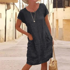 Robe en lin à Manches Courtes et Poches pour Femme