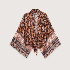 Kimono court bohème orange et noir