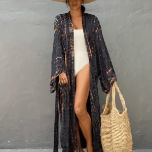 Kimono long anthracite à imprimé Tie Dye avec ceinture