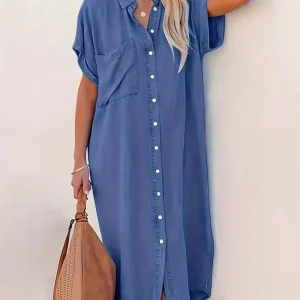 Robe Chemise Mi-Longue Bleu Denim pour Femmes