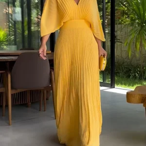Robe Maxi Femme à Plis et Col en V