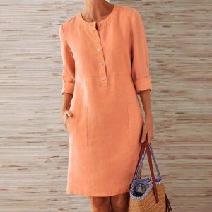Robe Midi en Lin avec Boutons pour Femme