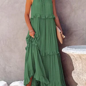 Robe longue à volants et col licou pour femme