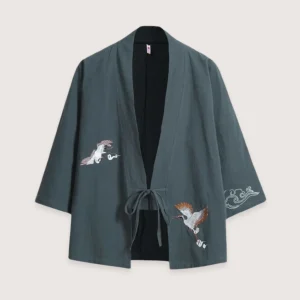 Veste kimono bleu gris en lin | Les deux grues