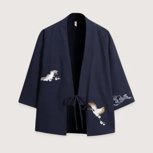 Veste kimono bleu marine en lin | Les deux grues