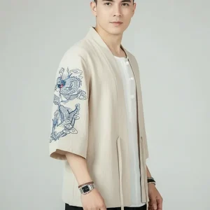 Veste kimono homme beige dragon