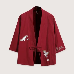 Veste kimono rouge en lin | Les deux grues